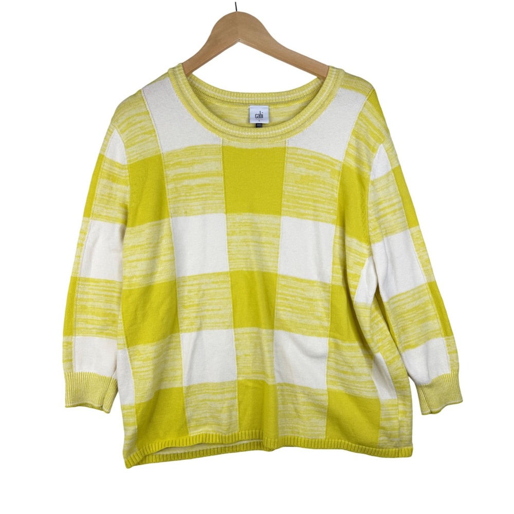 CAbi Yellow and White Buffalo-Check Crewneck Sweater